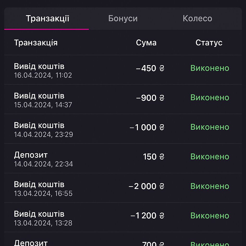 Скріншот вкладки з історією транзакцій Космолот